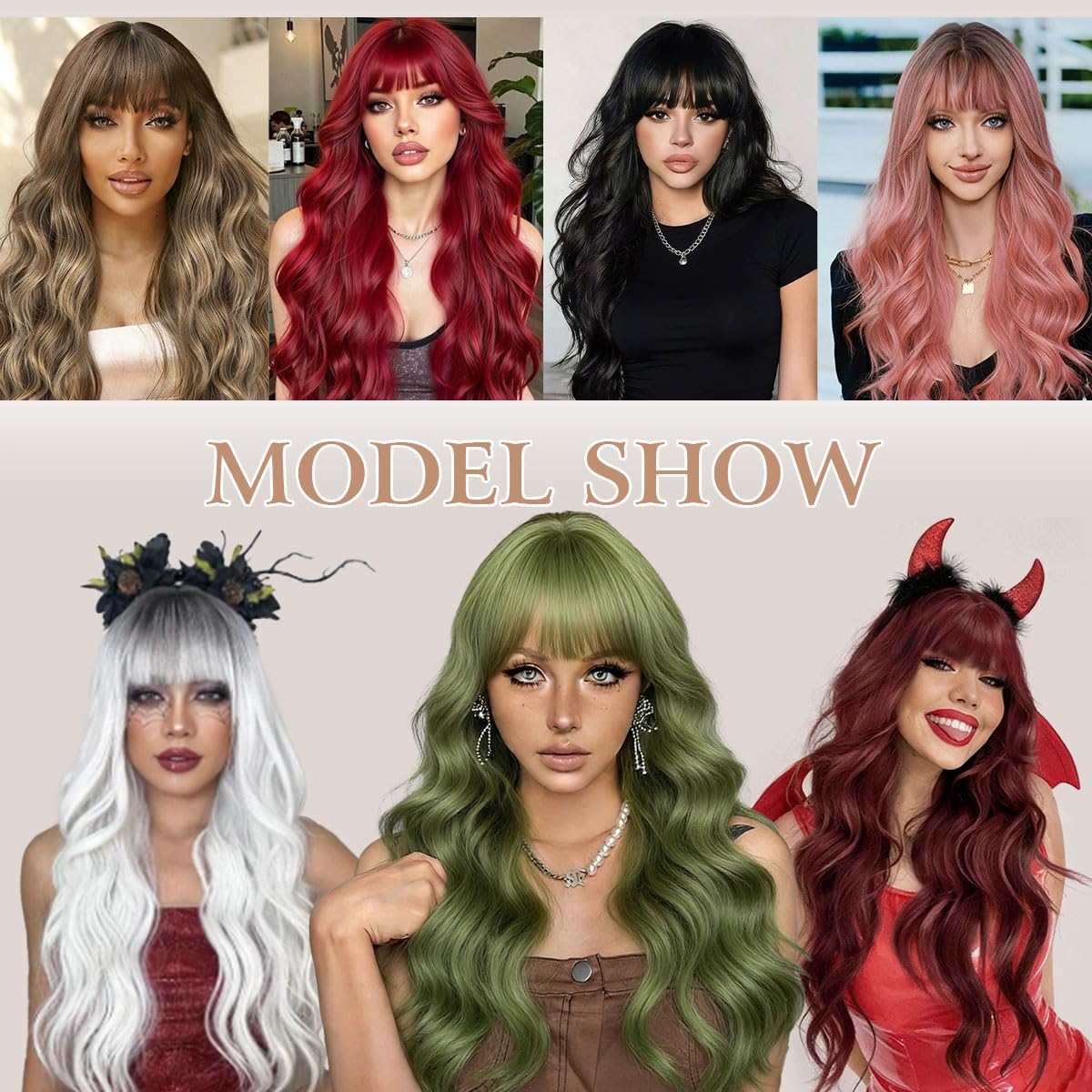 Ombre Blonde Wig with Bangs 26 Inch Long Curly Wavy Wigs for Women Begineer-friendly Synthetic Wig for Daily Party Holiday Use