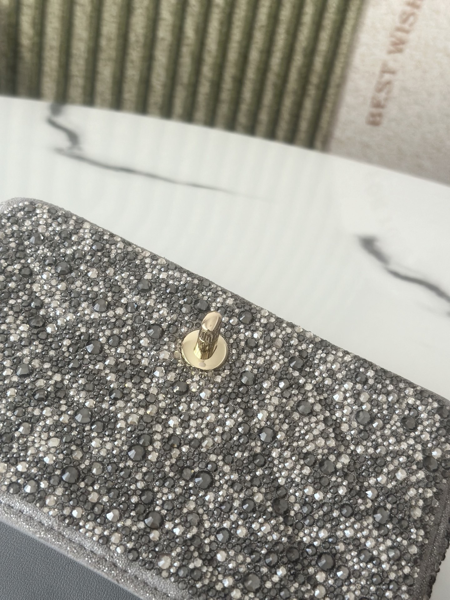 Classic Flap Mini Bag in Silver Grey Strass Crystal Embellished Suede (Gold Hardware) - Mocuir