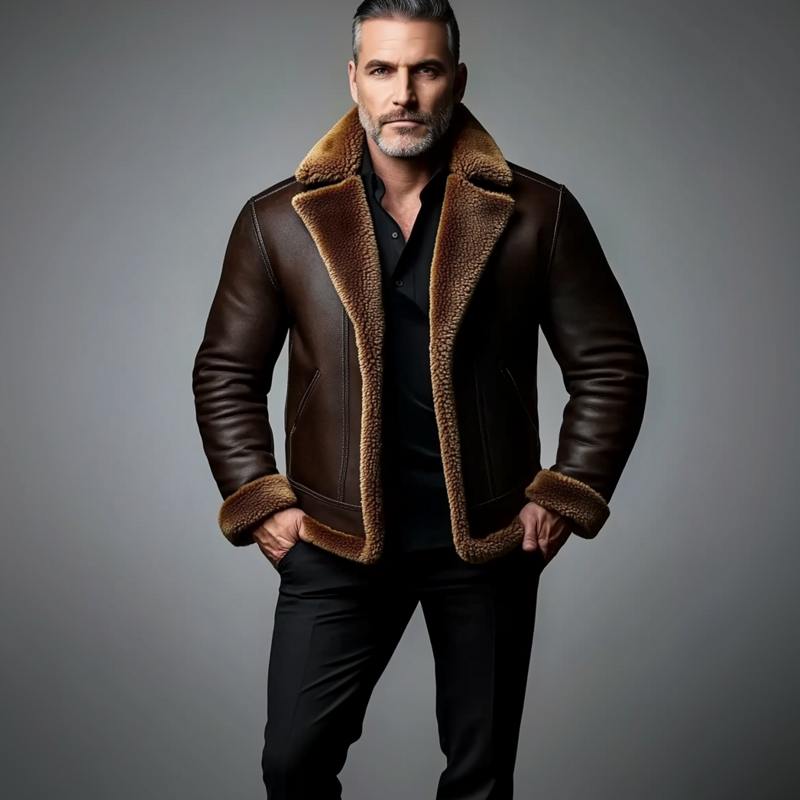 Men's Retro Lapel Long Sleeve PU Leather Fuzzy Coat