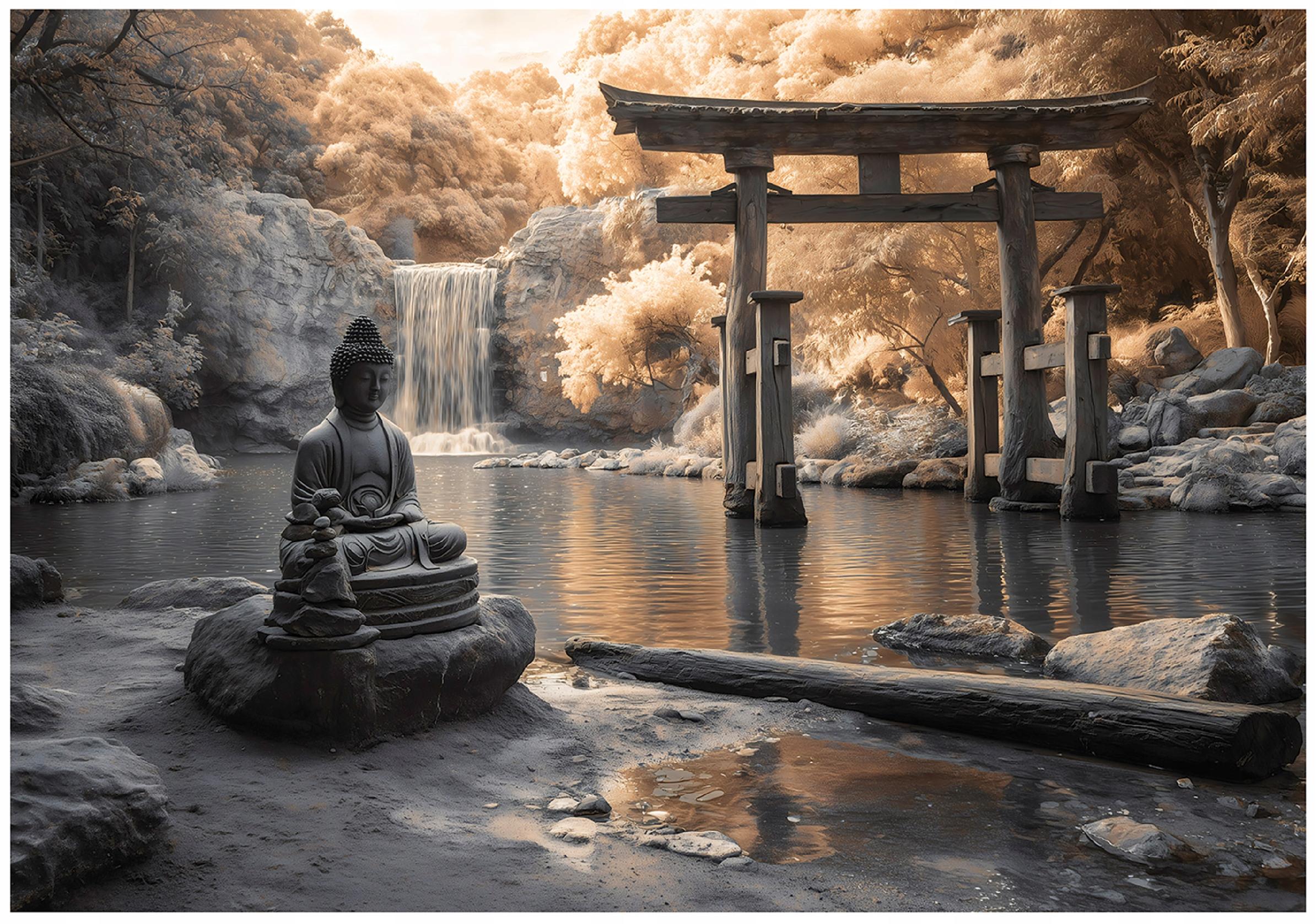 Buddha, forest, waterfall wall mural for bedroom or living room, non-woven wallpaper