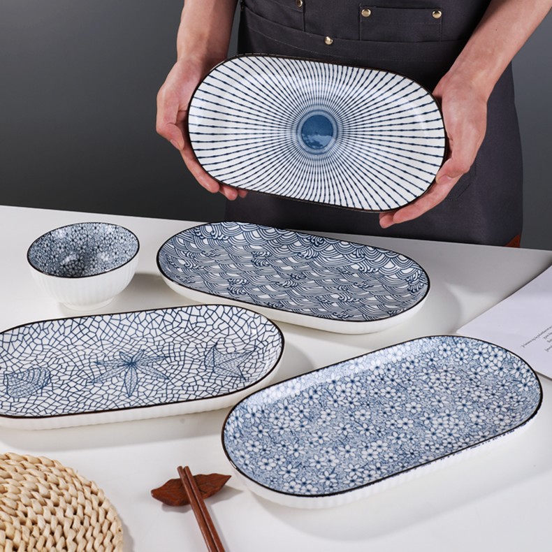 [Pack of 2] 12inch High-Quality Yamada Pattern Fish Plate Japanese Style Steamed Fish Plate Vertical Pattern Thickened Heat Resistant