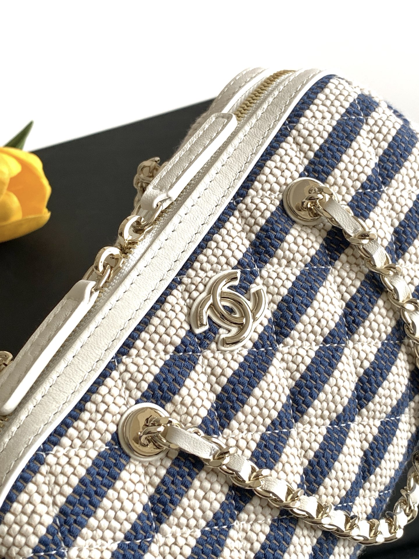 Deauville Striped Quilted Canvas Vanity Case / Box Bag in Navy Blue with Light Gold-Tone Hardware - Mocuir