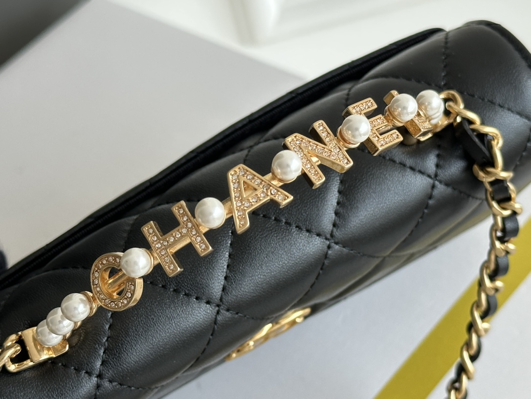 23B Mini Flap Bag with Pearl Handle in Black Quilted Lambskin with Gold-Tone Hardware (Model AS3980) - Mocuir