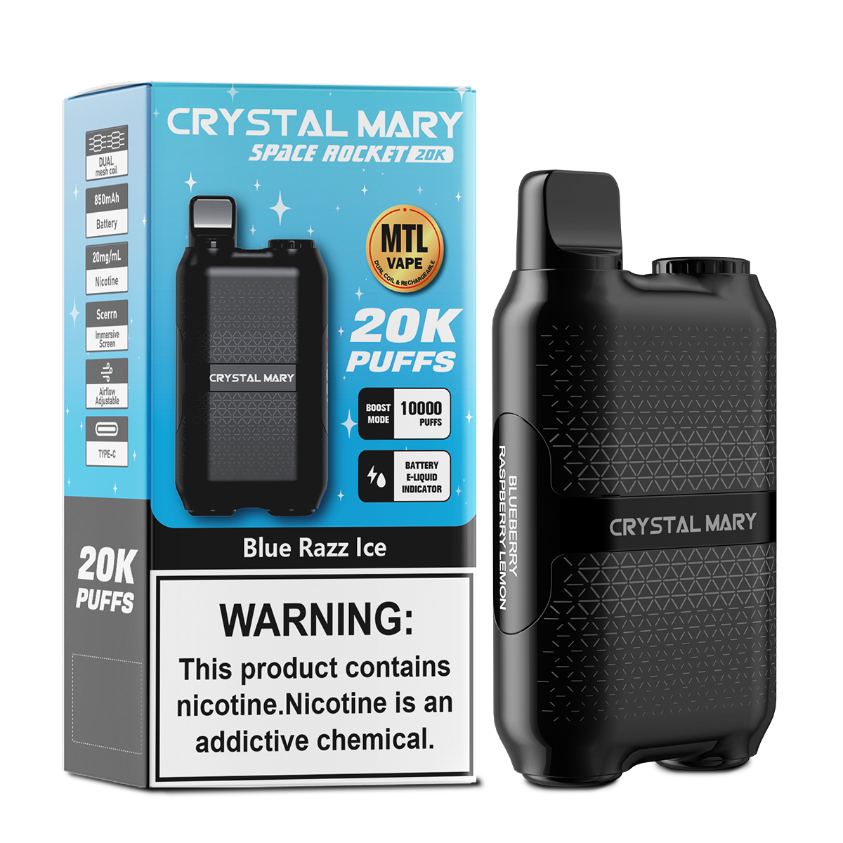 （3 pieces）CRYSTAL MARY 20000 20K Puffs Vape Dual Mesh LED Display Disposable Vape EU Warehouse