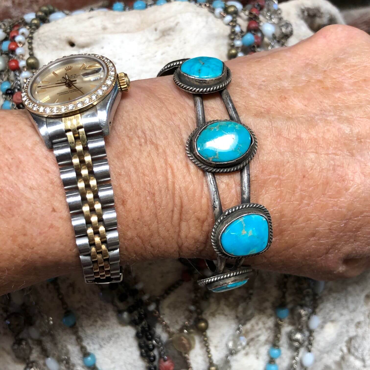 Navajo Blue Turquoise Row Bracelet in Sterling Silver