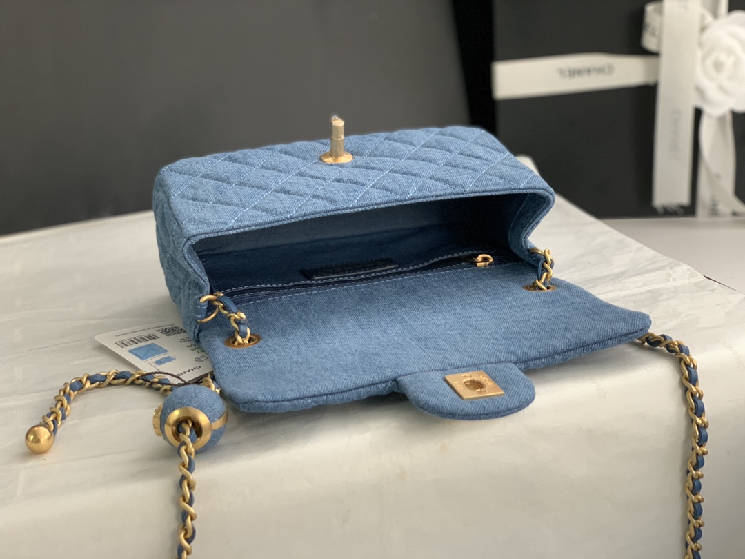22C Classic Mini Flap Bag (Square) with Adjustable Ball Chain in Washed Denim Blue, Chevron Quilted, Gold-Tone Hardware - Mocuir