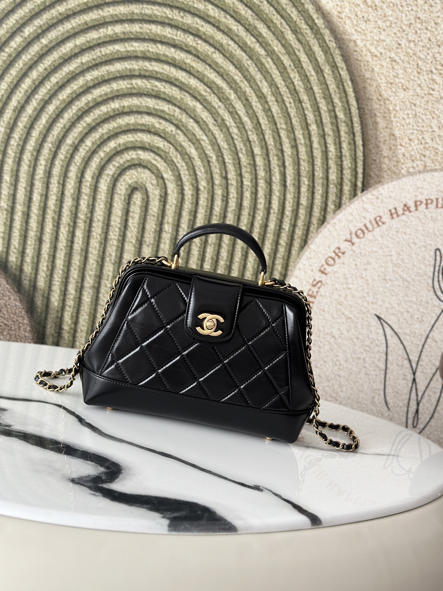 Quilted Calfskin Doctor-Style Top Handle Bag in Black Shiny Calfskin with Gold-Tone Hardware - Mocuir