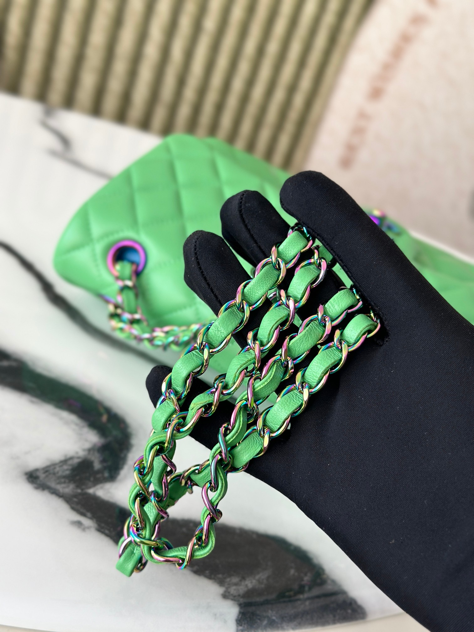 Classic Flap Medium Bag in Avocado Green Lambskin with Iridescent Rainbow Hardware (Model A01112) - Mocuir