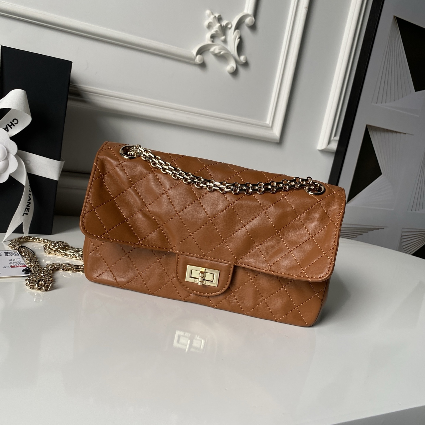 2.55 Reissue Caramel Quilted Calfskin Flap Handbag with Light Gold-Tone Hardware - Mocuir