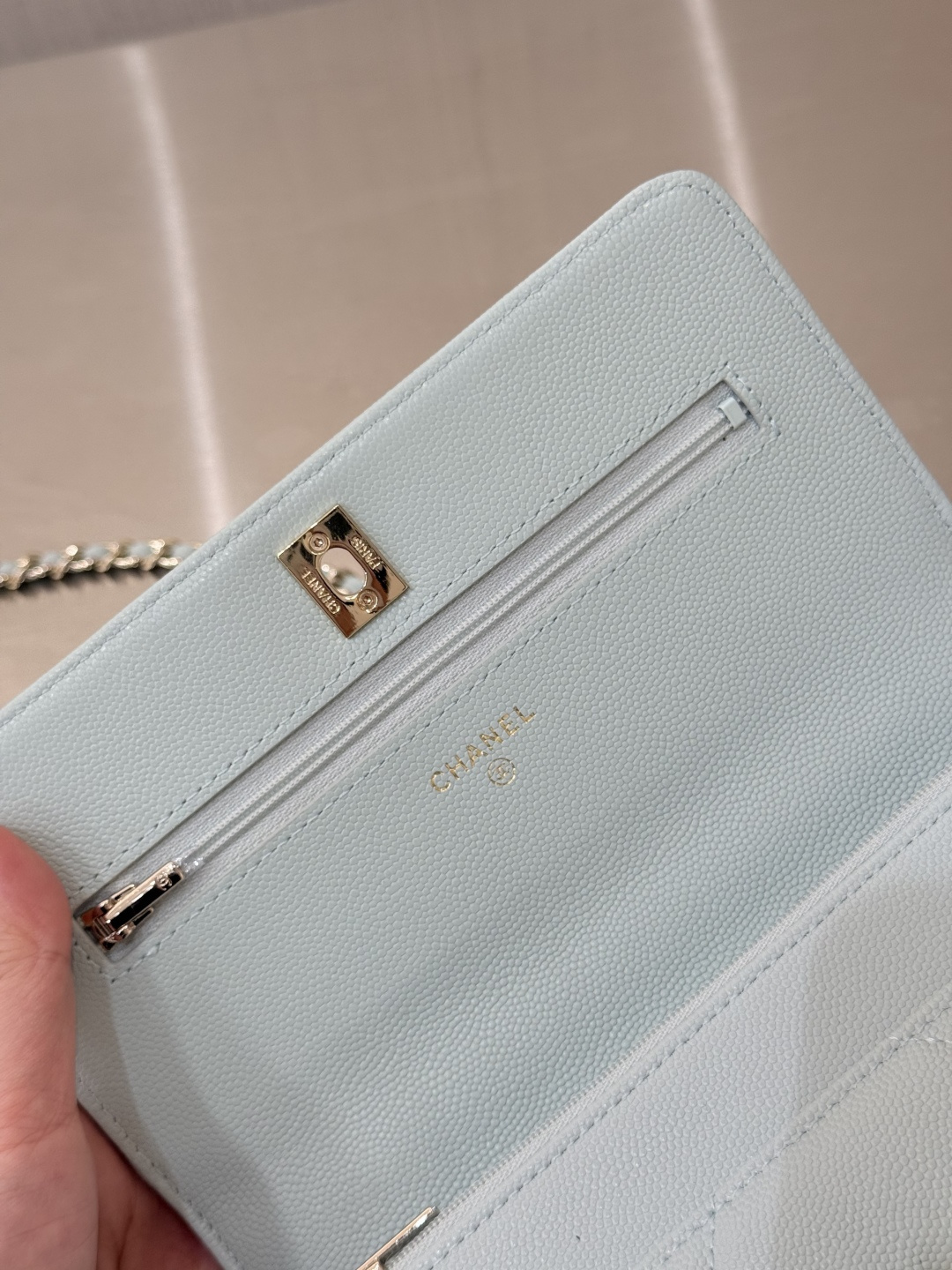Wallet on Chain with Top Handle (AP3984) in Light Blue Caviar Leather with Gold-Tone Hardware, 25C Cruise Collection - Mocuir