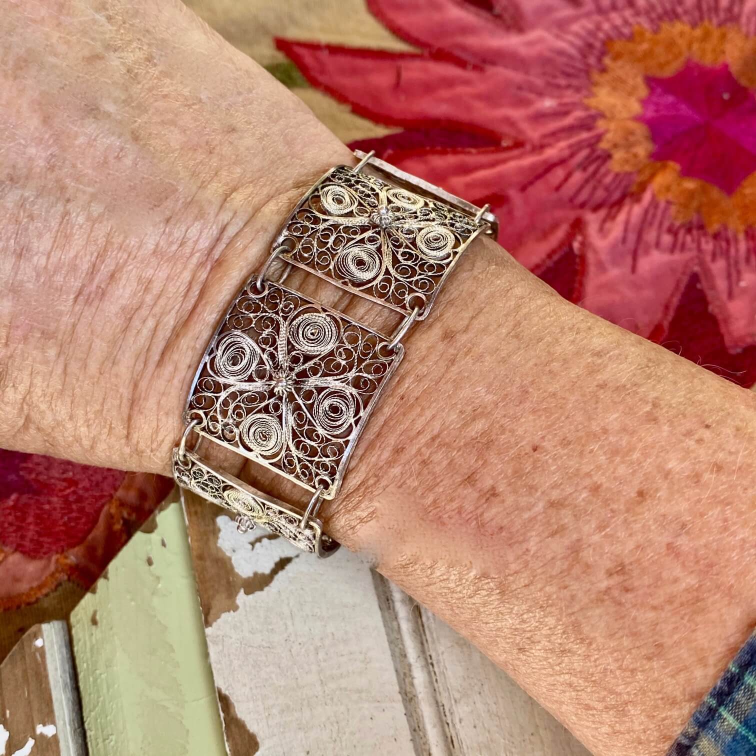 Old Mexican Sterling Silver FIligree Panel Bracelet