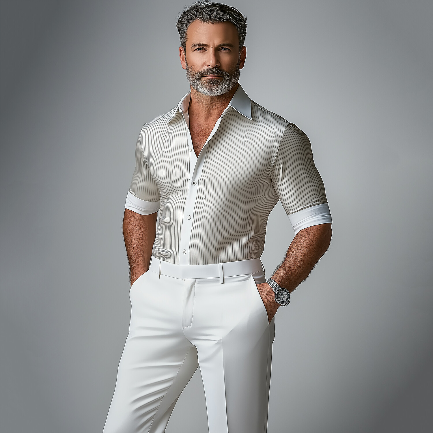 Men's Satin Turndown Collar Short Sleeve Button Pinstriped Shirt