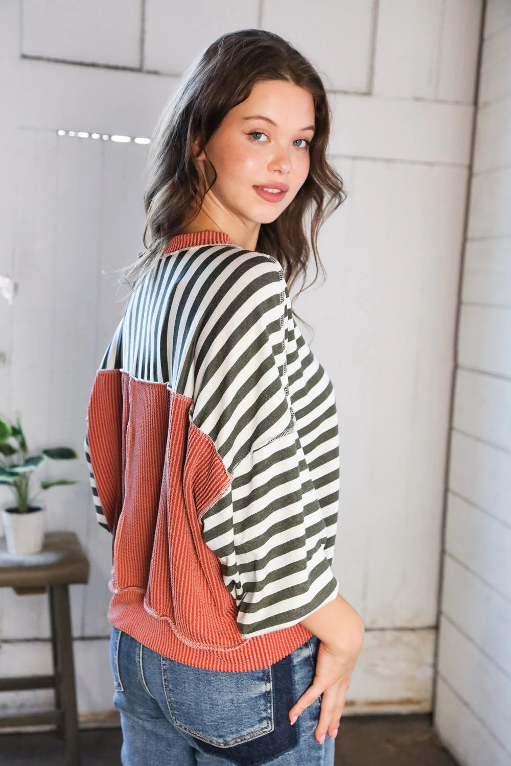 A Stripe Story Rust Crew Neck Pullover