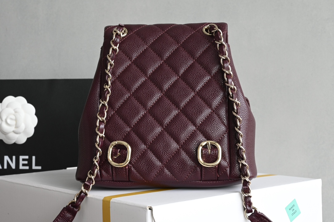 Duma Backpack in Dark Burgundy Quilted Shiny Caviar Leather with Light Gold-Tone Metal (Model AS3856) - Mocuir
