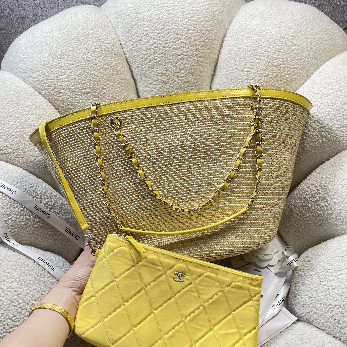 Large Straw & Lambskin Tote Bag with Pouch in Bright Yellow with Light Gold-Tone Hardware, 25C Cruise Collection - Mocuir
