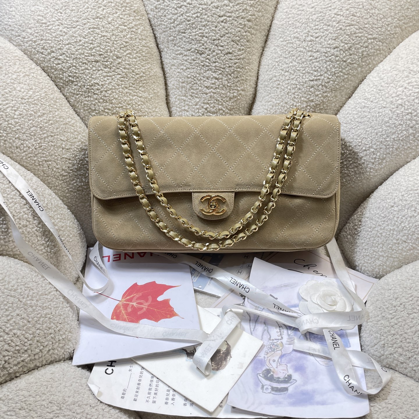 Spring-Summer 2026 Light Beige Quilted Suede Calfskin Classic Flap Handbag with Gold-Tone Hardware - Mocuir