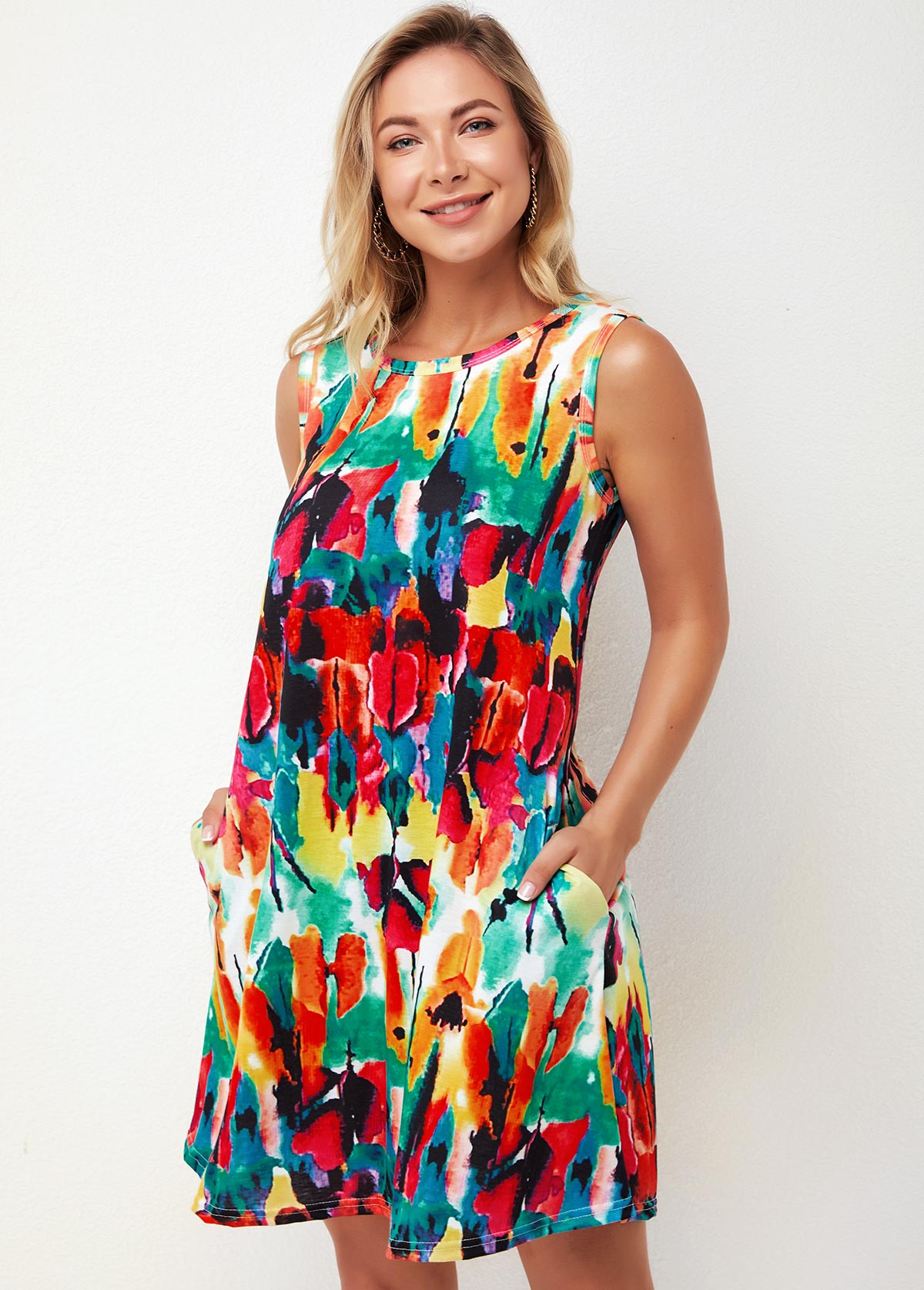 Printed Round Neck A Line Dress