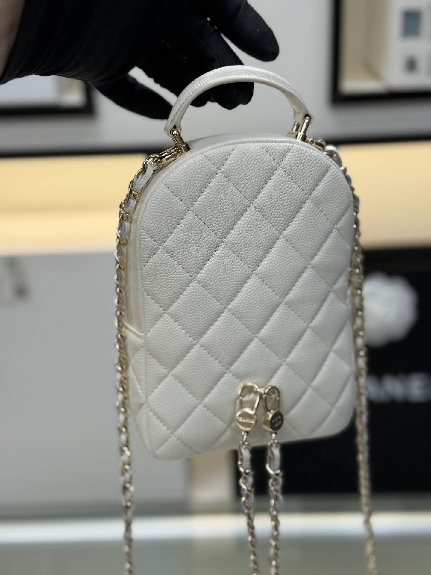 Mini Backpack with Chain (AS3787) in White Caviar Leather with Gold-Tone Hardware, 24C Cruise Collection - Mocuir