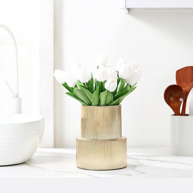 VASEA Black Glass Vase, Ribbed Glass Vase for Tulips