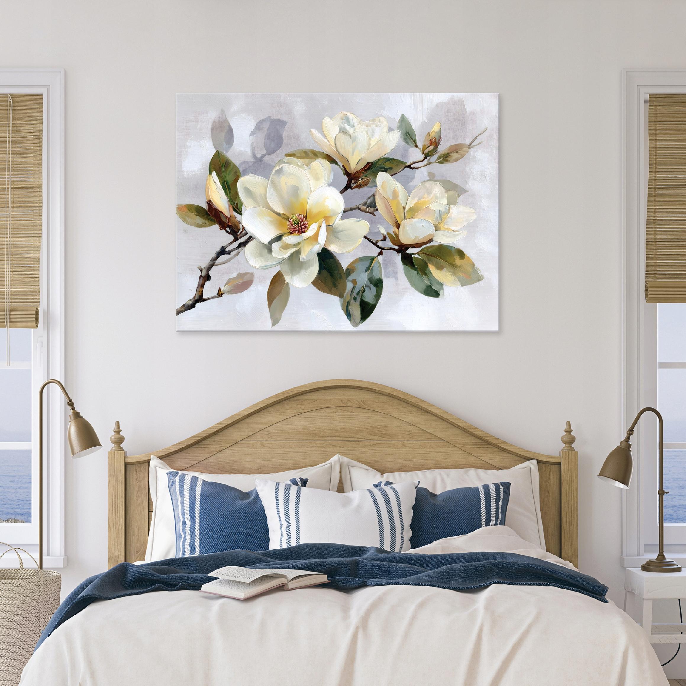 Painting of flowers and a twig in yellow and gray for the bedroom or living room on canvas, 40x30