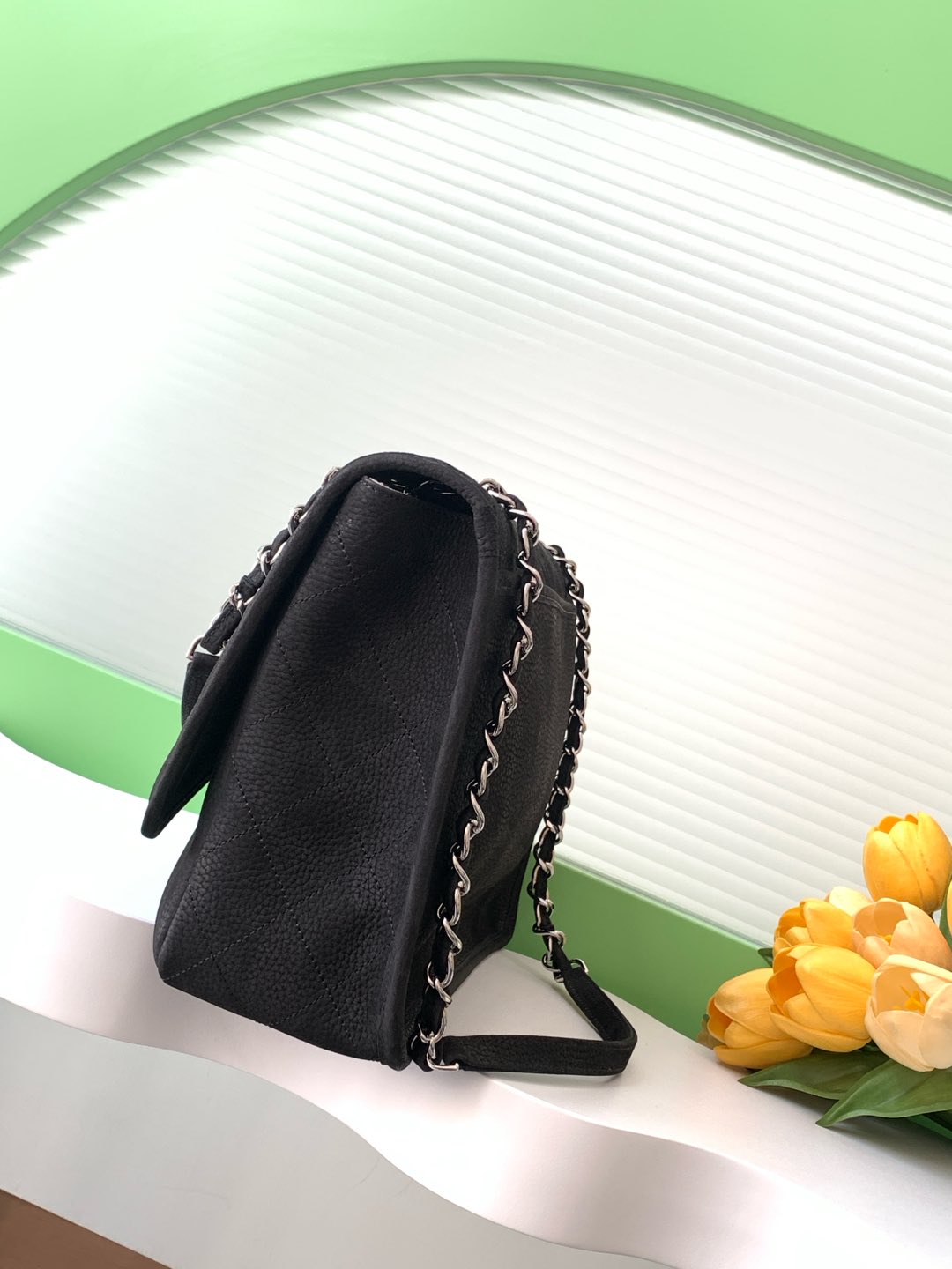 Classic Jumbo Flap Bag in Black Quilted Caviar Leather with Silver-Tone Hardware - Mocuir