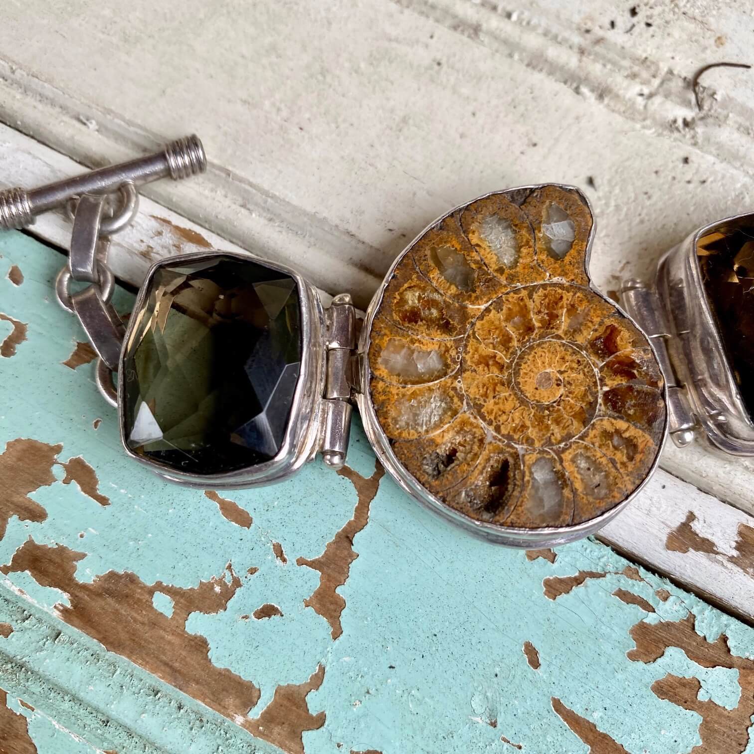 Vintage Sterling Silver Ammonite Panel Bracelet