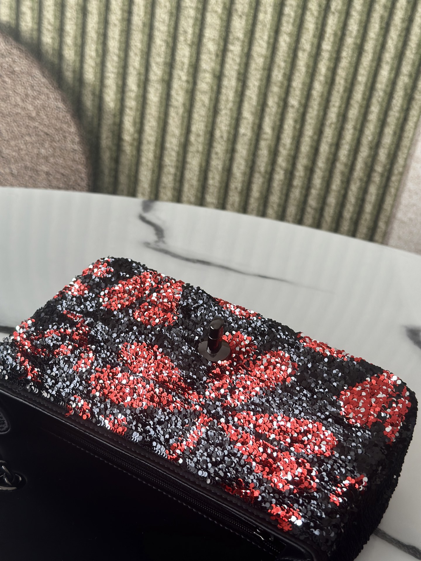 Limited Edition Red & Black Sequin Classic Flap Bag with Gunmetal Hardware - Mocuir