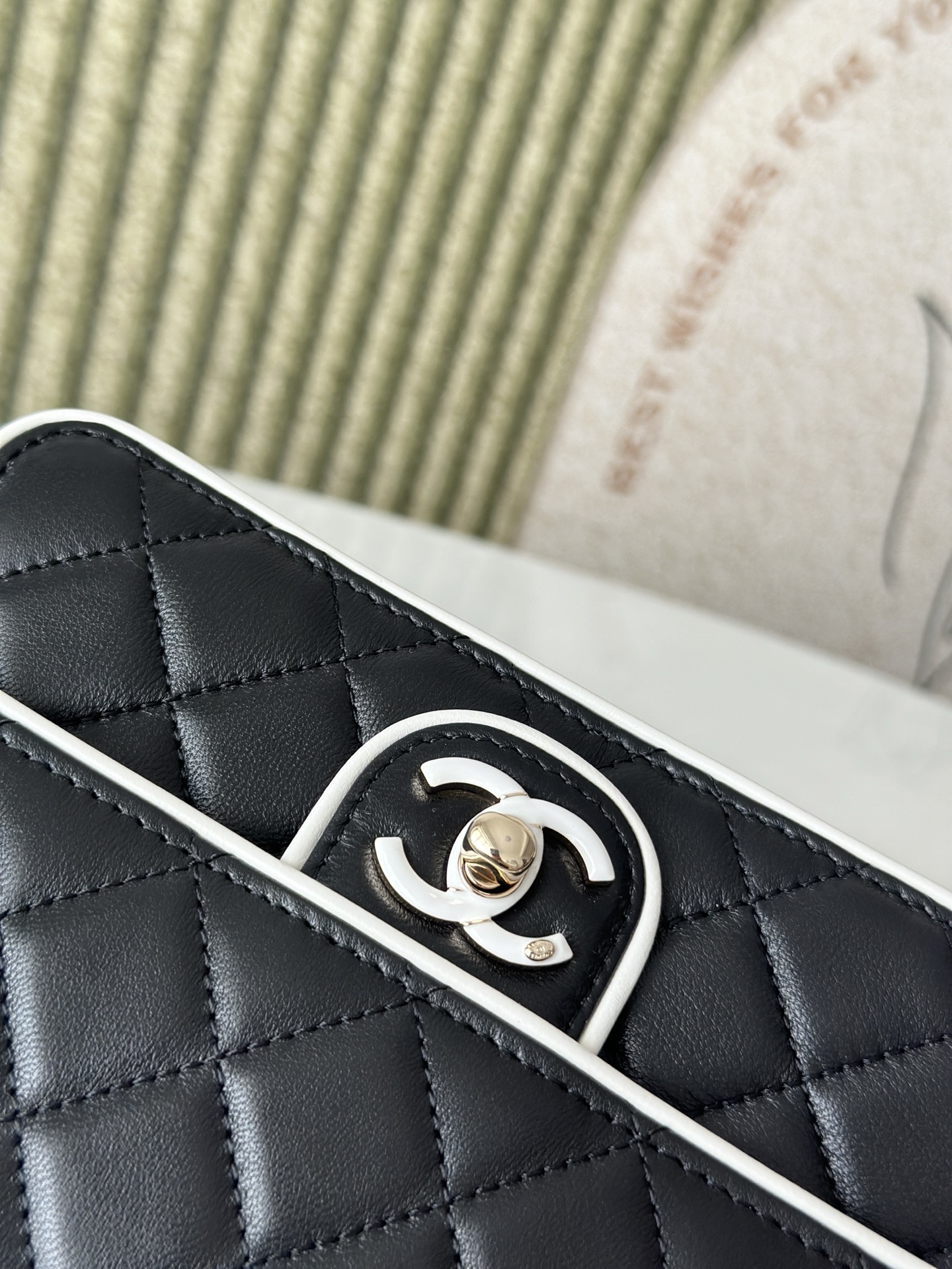 Black Lambskin Quilted Mini Flap Bag with White Trim & Gold Hardware - Mocuir