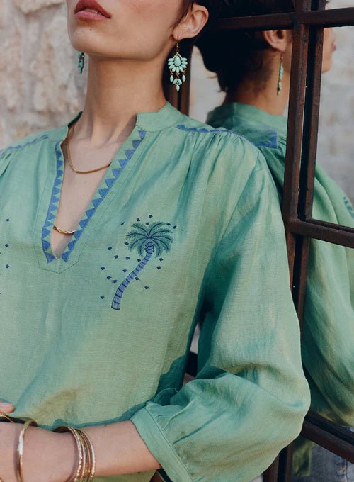 Palm Stitch Linen-Blend Blouse‌