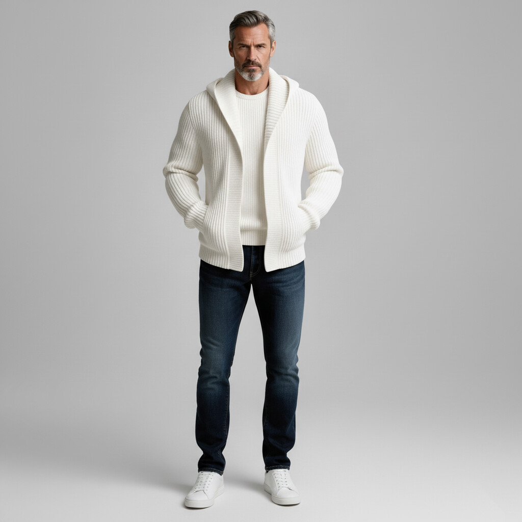 Men's White Ribbed Knit Pockets Long Sleeve Hooded Sweater Cardigan