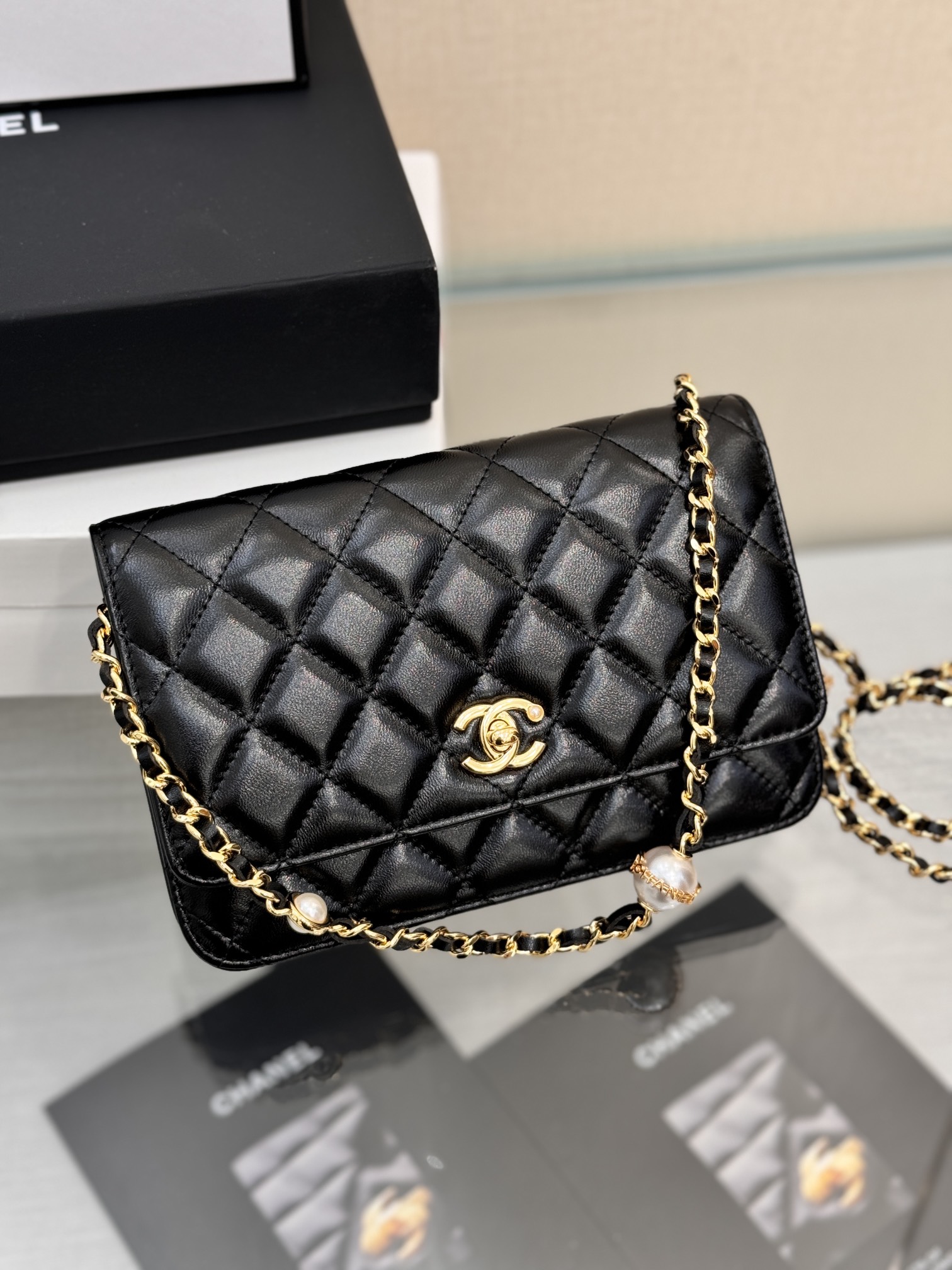 Classic Wallet On Chain (WOC) with Pearl Detail in Black Quilted Lambskin with Light Gold-Tone Hardware - Mocuir