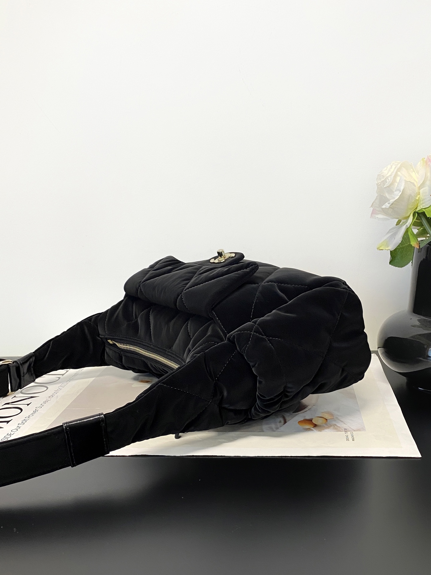 25N Ski Collection Hobo Bag in Black Technical Suede Nylon with Gold Hardware (Model AM7140) - Mocuir