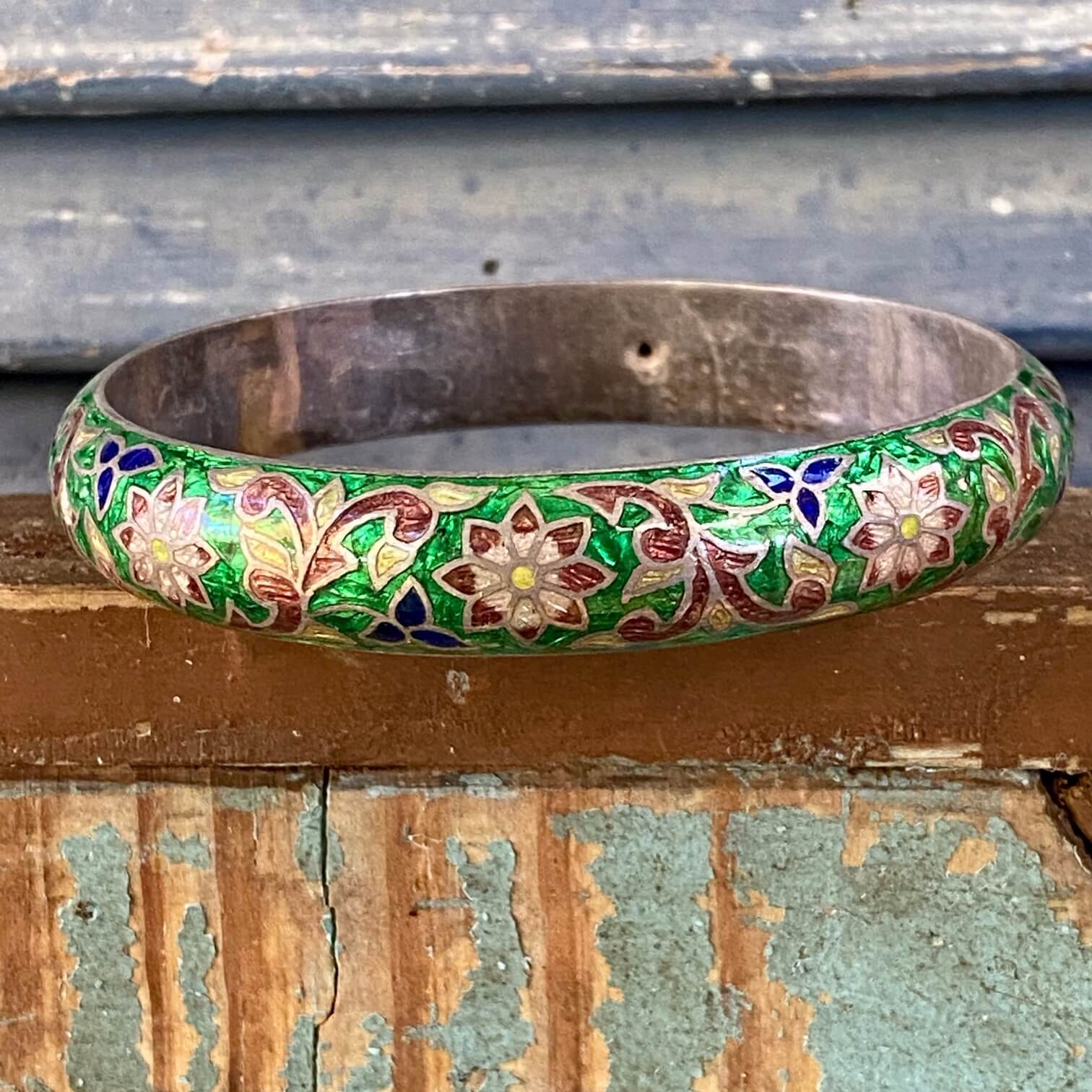 Vintage Sterling Silver Chinese Export Cloisonné Bangle Bracelet