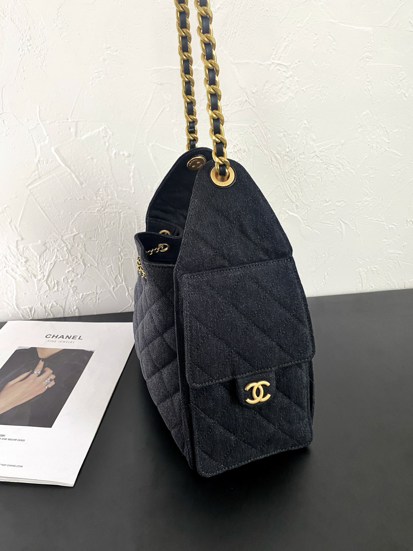 25K Quilted Denim Bucket Bag with Gold-Tone Hardware - Mocuir