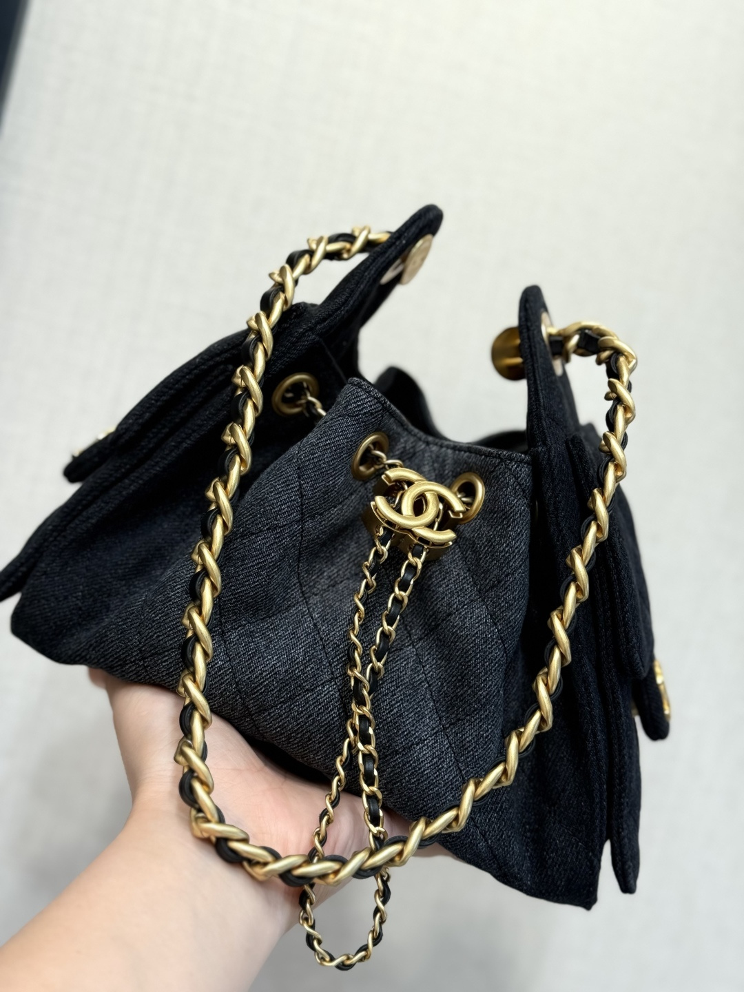 25 Small Hobo Bag (AS5293) in Black Washed Denim & Antique Gold-Tone Hardware - Mocuir