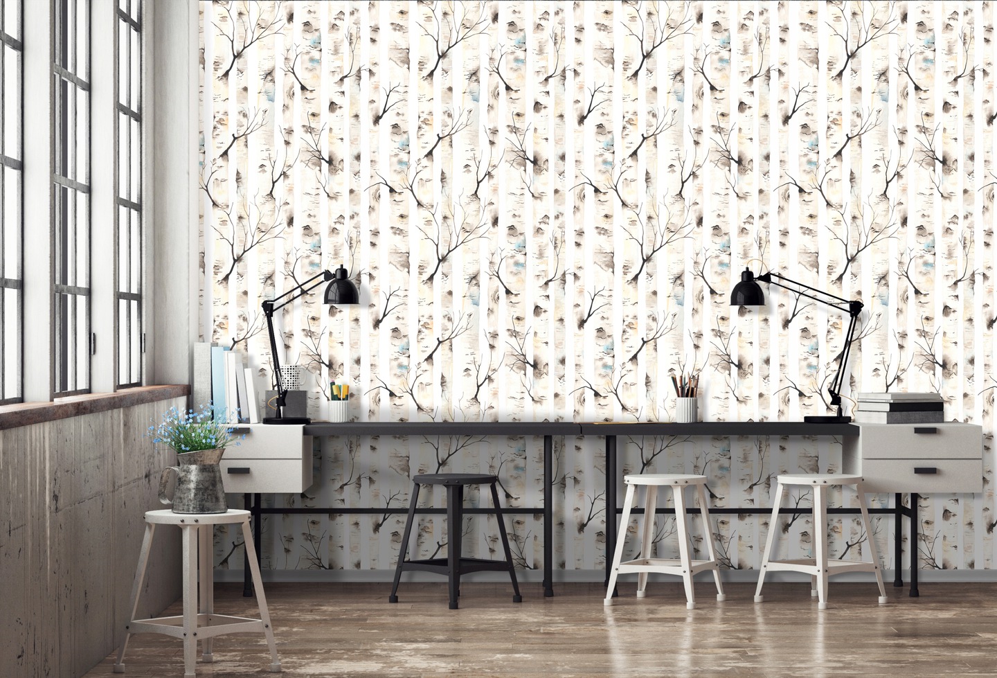 Birch tree wallpaper, non-woven roll, bedroom