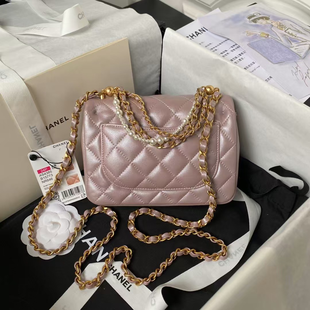 AS4385 Mini Flap Bag Pearl Lambskin Faux Pearl & Gold Metal Pink Iridescent