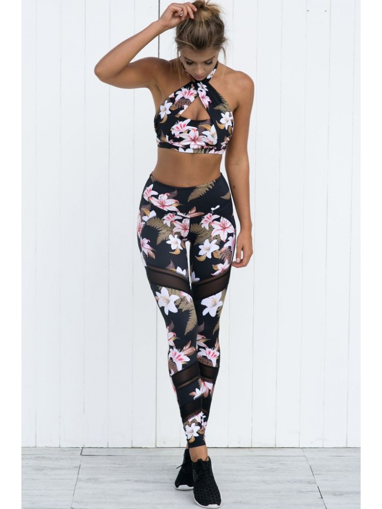 Hollow-out Print Athleisure Yoga Two Piece Sets