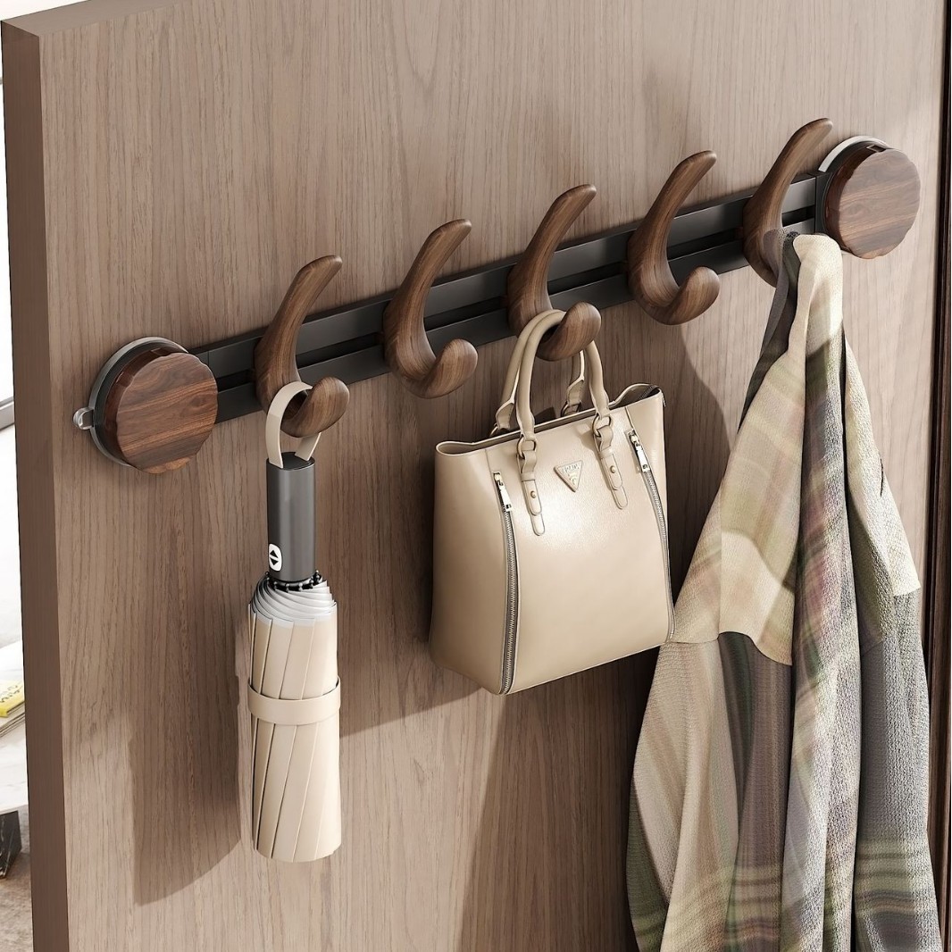 Sliding Hook Behind the Suction Cup Door, Walnut Color, Antique Style Entry Door, No Punching, Wall Hanging Clothes Hanger, Clothes Hook