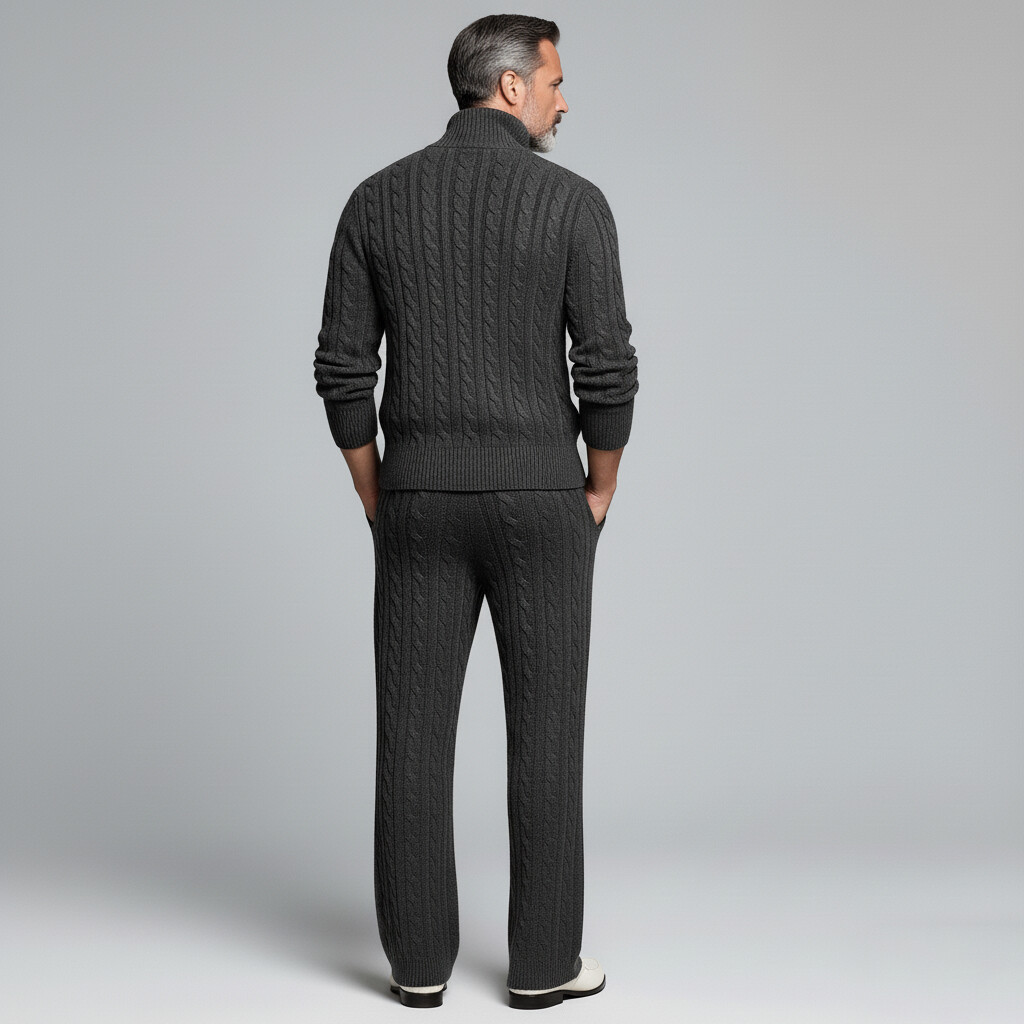 Men's Dark Gray Cable Knit Asymmetrical Button High Neck Long Sleeve Sweater Cardigan & Pocket Pants 2Pcs Set