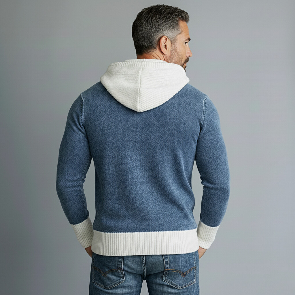 Men's Blue Half-Zip Contrast Color Long Sleeve Denim Hoodie