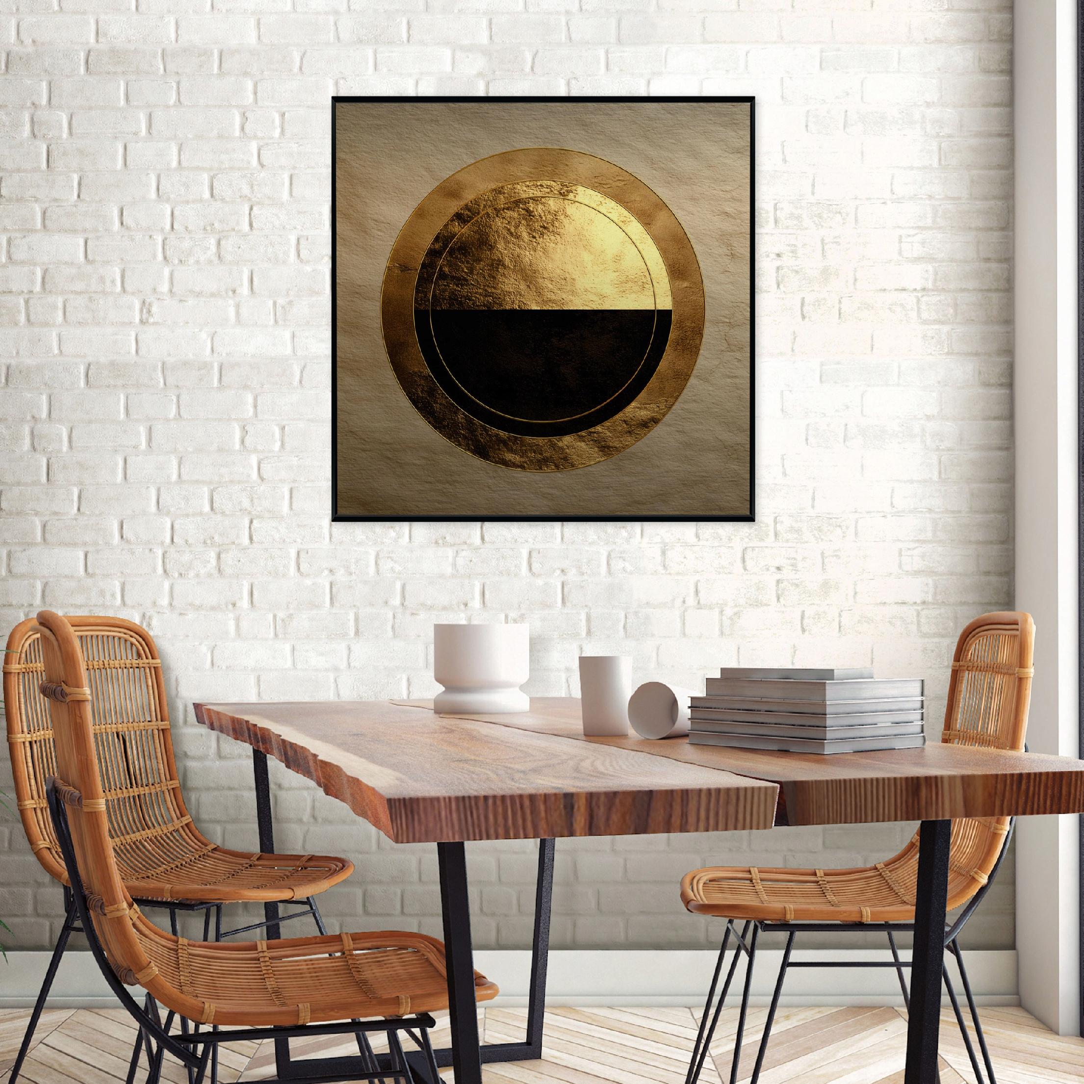 Picture in a black frame, metal abstraction, golden circle, living room, bedroom, 30x30
