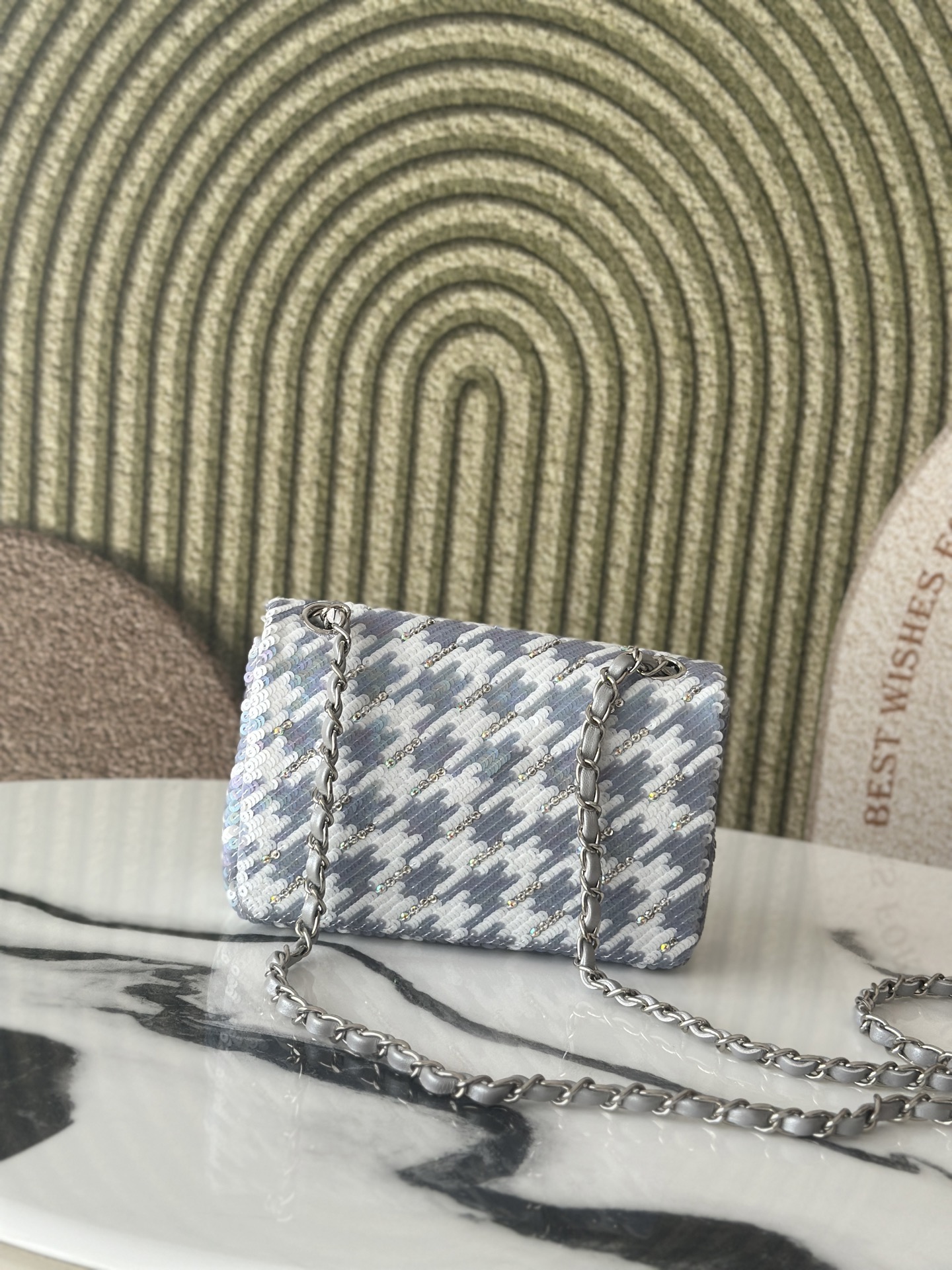 Limited Edition Silver Grey & White Houndstooth Sequin & Strass Mini Classic Flap Bag with Silver-Tone Hardware - Mocuir