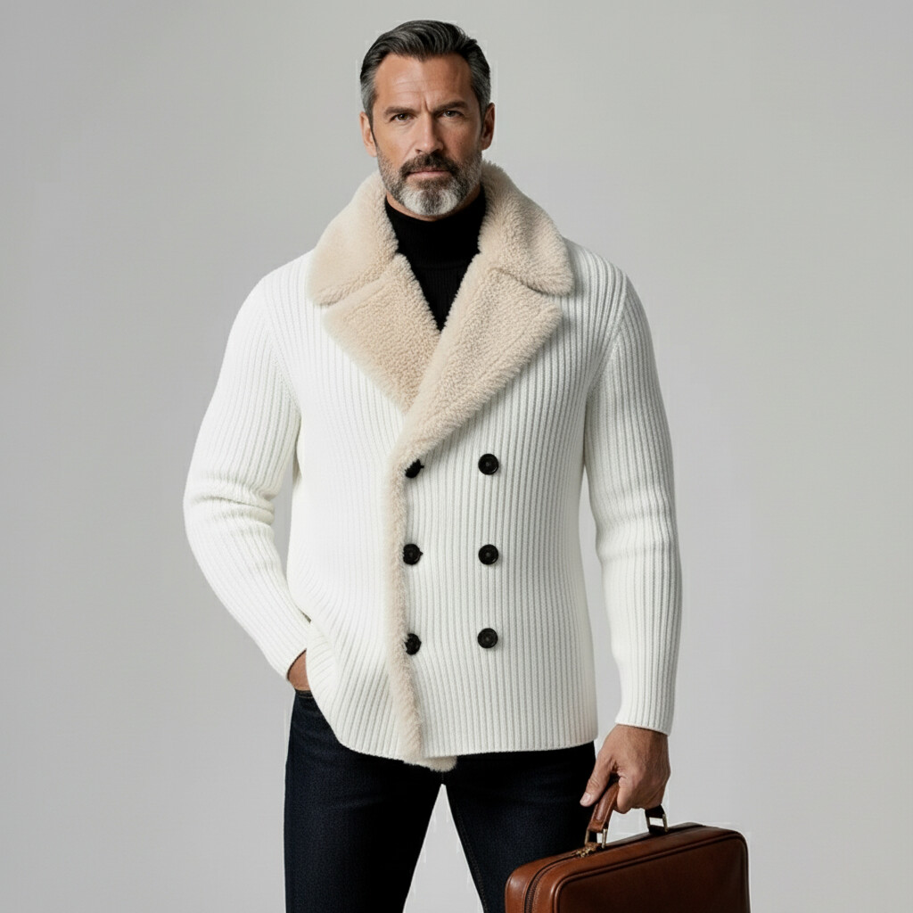 Men's White Shearling Lapel Double-Breasted Long Sleeve Ribbed Knit Blazer