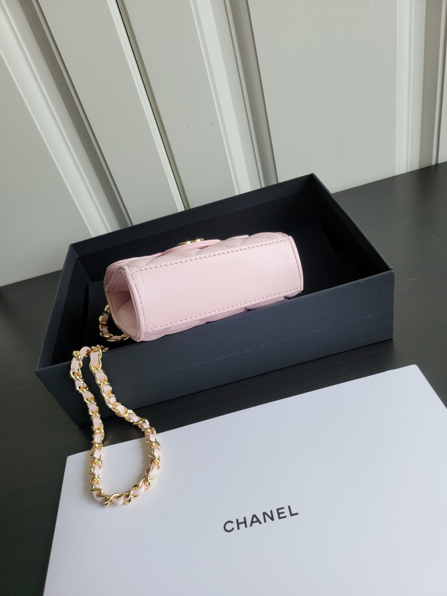 23P Mini Classic Flap Bag with Top Handle in Sakura Pink Quilted Smooth Lambskin with Light Gold-Tone Hardware - Mocuir