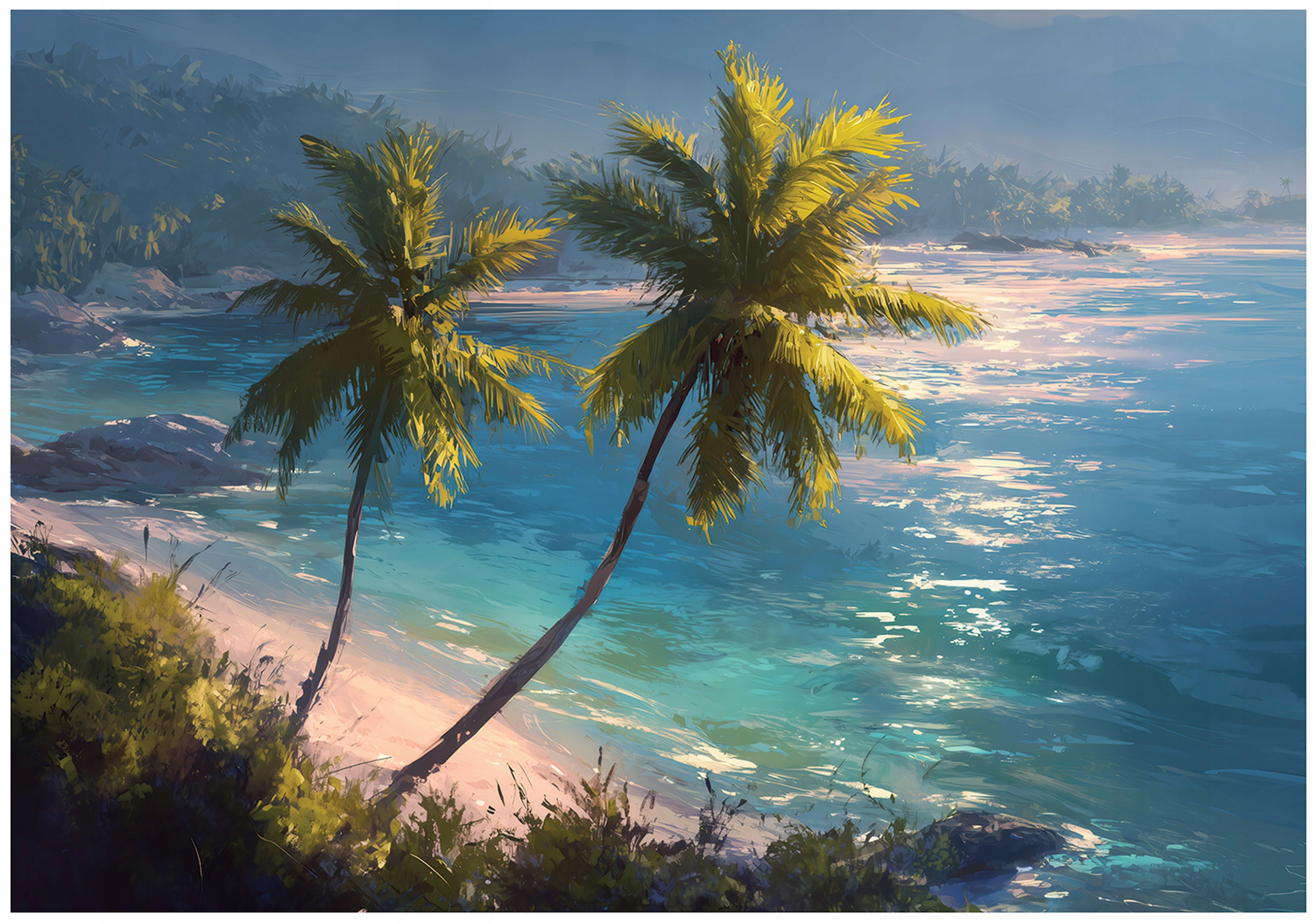 Beach, palm trees, and ocean wall mural for the bedroom or living room; non-woven wallpaper