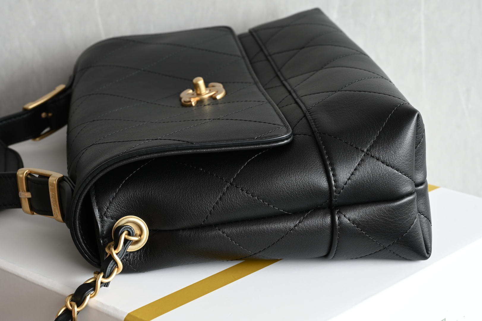 Top Handle Flap Bag (Handle Messenger Bag) in Black Quilted Calfskin with Light Gold-Tone Hardware - Mocuir