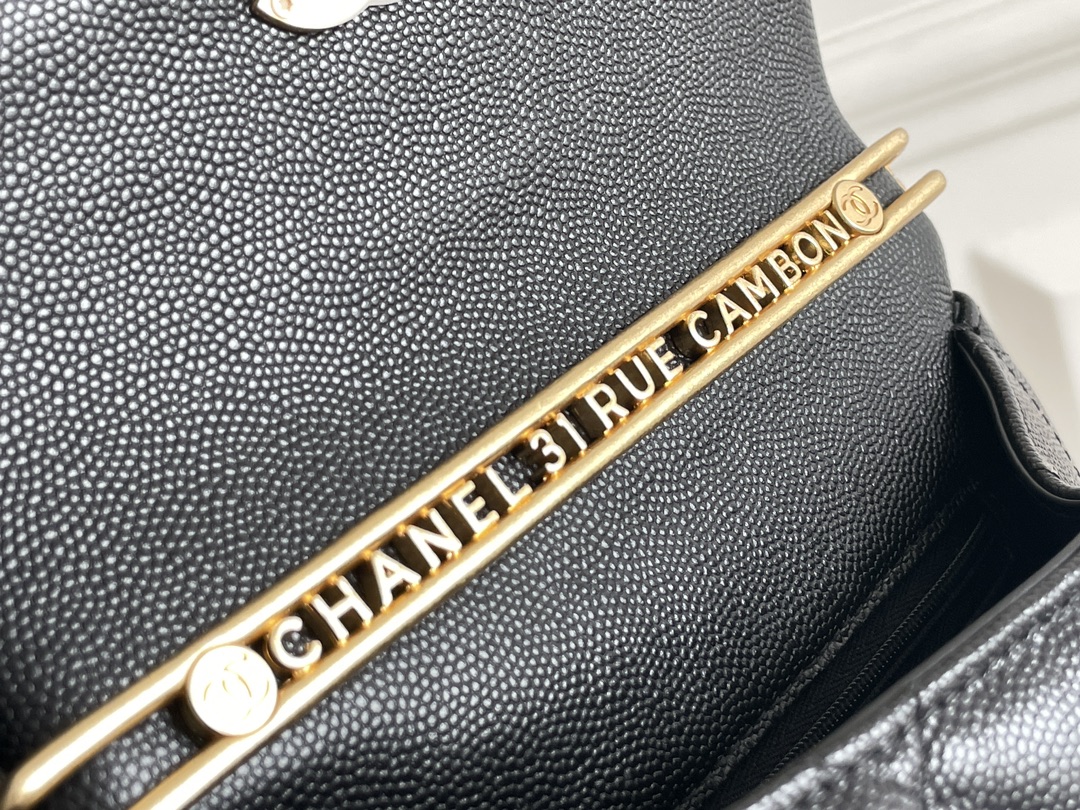 Classic Flap Mini Bag with Chain Handle in Black Quilted Grained Calfskin (Caviar) with Light Gold-Tone Hardware (Model AS5701) - Mocuir