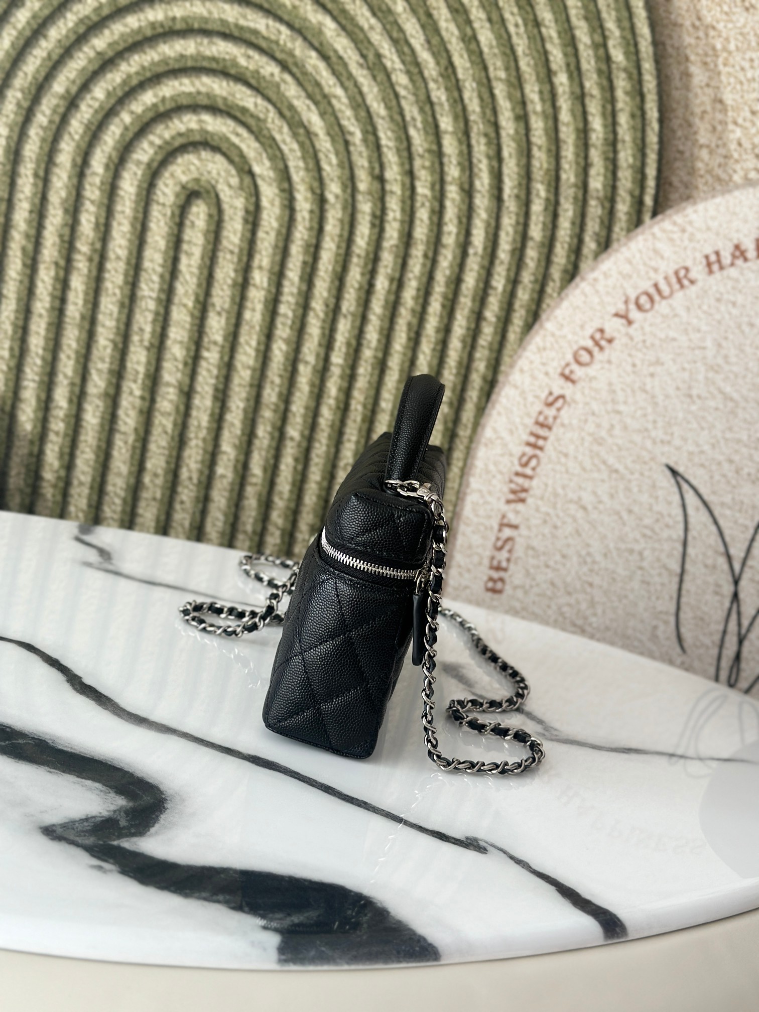 25B Black Caviar Quilted Long Vanity Case with Silver CC Logo & Silver Hardware - Mocuir