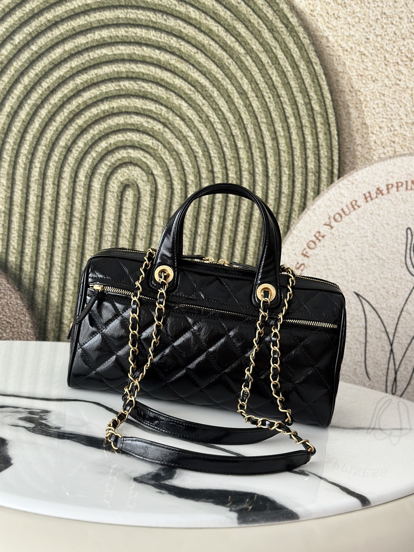 25A Black Oil Wax Calfskin Quilted Bowling Bag with Gold Hardware - Mocuir